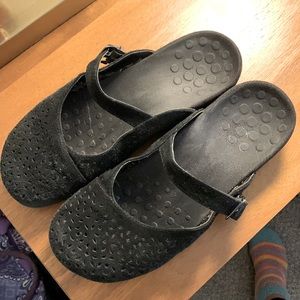 Vionic black suede slip on mary jane style shoes.